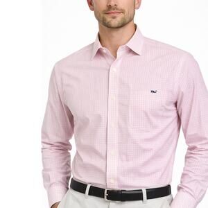 Vineyard Vines Whale Shirt Regatta Gingham Check Pink Men L Slim Fit Long Sleeve